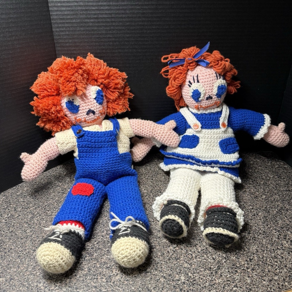 Vintage Handmade Crochet Raggedy Ann Style Dolls 20" Retro Folk Art Americana